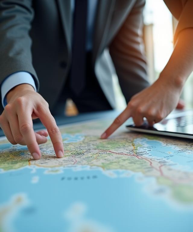 Zwei Geschäftsleute besprechen Reisepläne über einer Landkarte