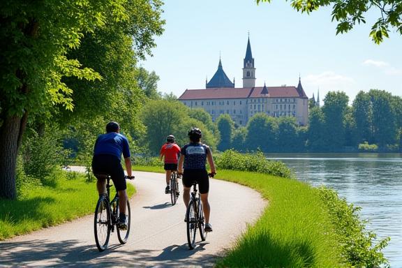 Fahrradfahrer am Donauradweg mit Blick auf ein Kloster